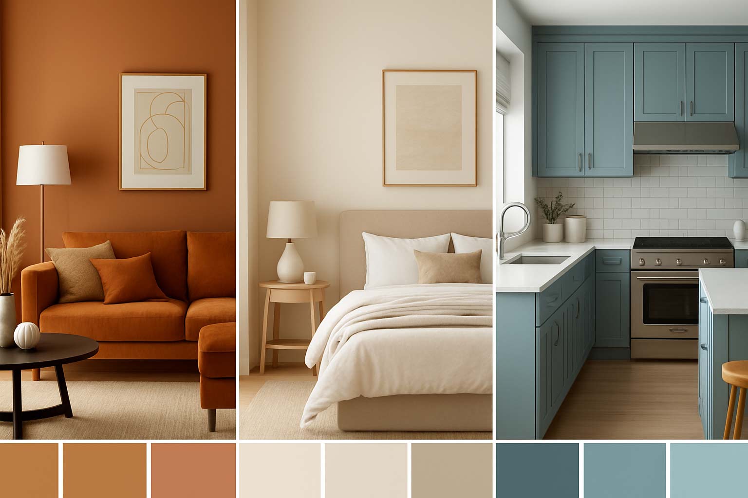 A triptych image showing three distinct living rooms, each styled with different color palettes — one warm, one cool, and one neutral.