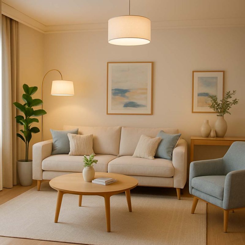 A modern, cozy living room with soft lighting, plants, and stylish furniture to showcase the impact of interior design on mood.