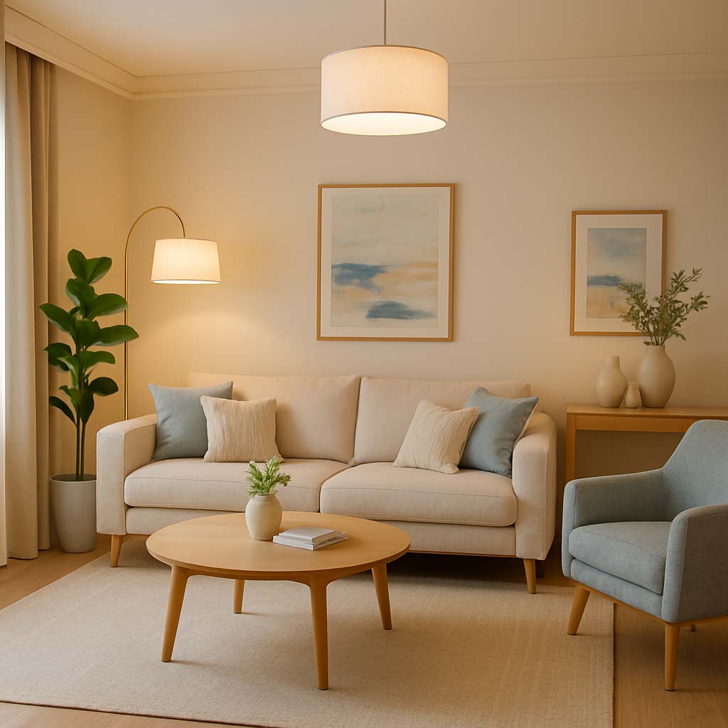 A modern, cozy living room with soft lighting, plants, and stylish furniture to showcase the impact of interior design on mood.