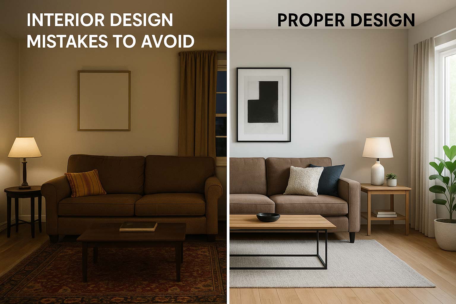 A side-by-side comparison of interior design mistakes and their fixes, showcasing how simple changes can transform a room.