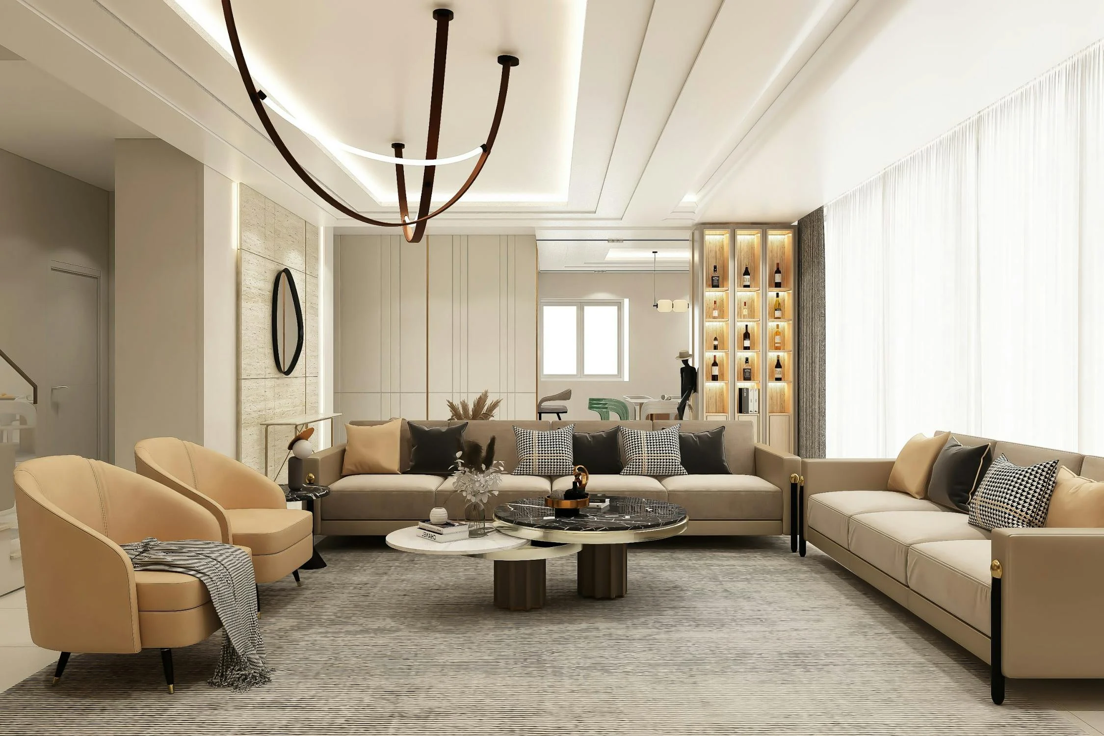 🟢 Modern luxury living room with neutral tones and elegant furniture