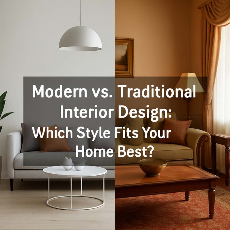 A digitally split living room showing modern interior design on one side and traditional decor on the other.