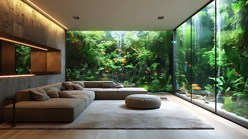 modern-living-room-indoor-waterfall-lush-plants-fish-tank-relaxation-373694797