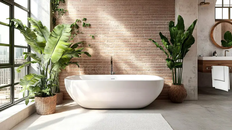 serene-bathroom-sanctuary-featuring-cozy-white-tub-lush-green-plants-sunlit-brick-wall-perfect-unwinding-relaxation-367254059
