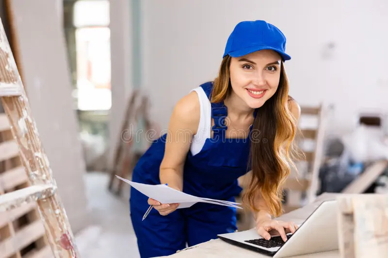 sexy-woman-uniform-checks-house-repair-plan-laptop-young-sexy-woman-uniform-checks-house-repair-plan